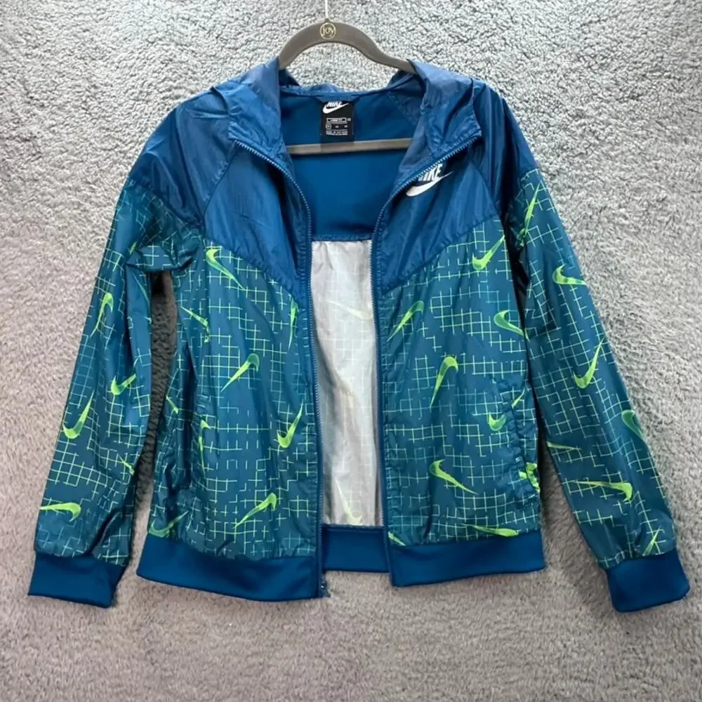 Nike Boy's XL Windrunner Hoodie Jacket Full Zip Blue‎ with Green Swoosh Running